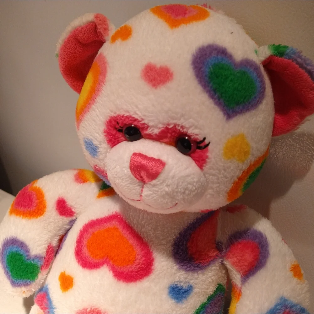 2011 Build-A-Bear White Multicolor Rainbow Hearts Bear Plush 16" - Picture 2 of 6